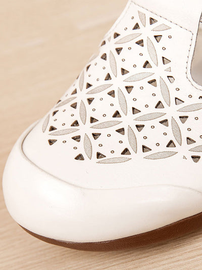 Women Vintage Genuine Leather Hollow Out Low Heel Shoes