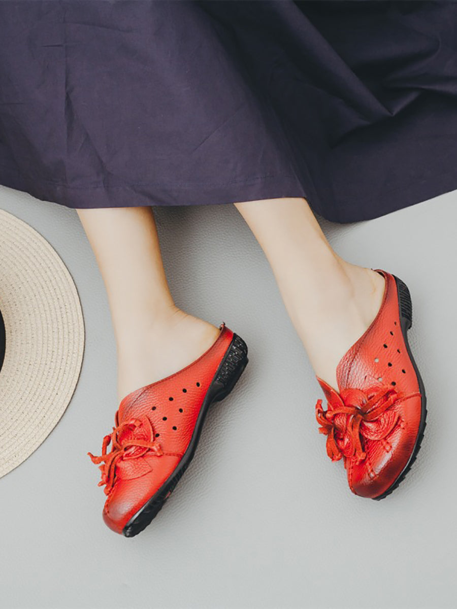Women Vintage Leather Flower Low Heel Slippers