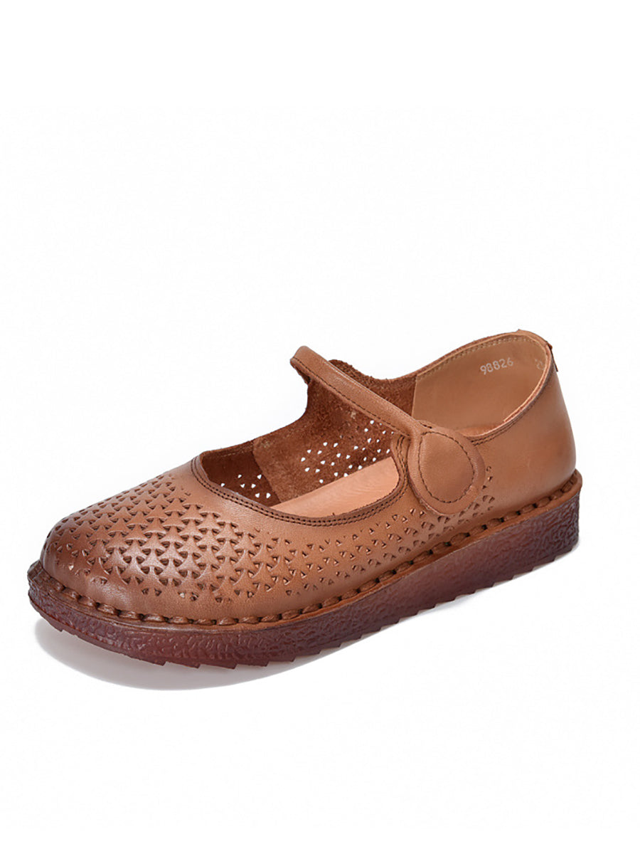 Women Ethnic Genuine Leather Hollow Out Low Heel Shoes