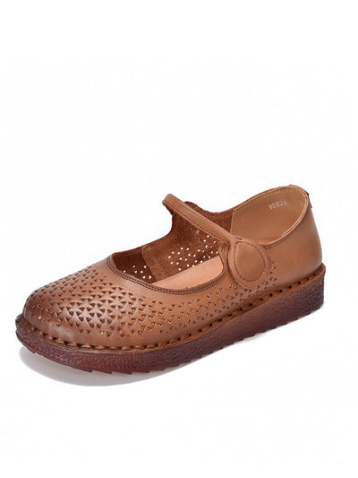 Women Ethnic Genuine Leather Hollow Out Low Heel Shoes