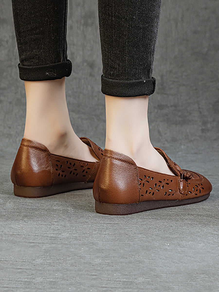 Women Vintage Genuine Leather Hollow Out Flat Shoes