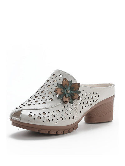 Women Summer Genuine Leather Flower Mid Heel Slippers