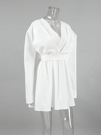 Long Sleeves Loose Pleated Solid Color Split-Joint Tied Waist V-Neck Mini Dresses Shirt Dress