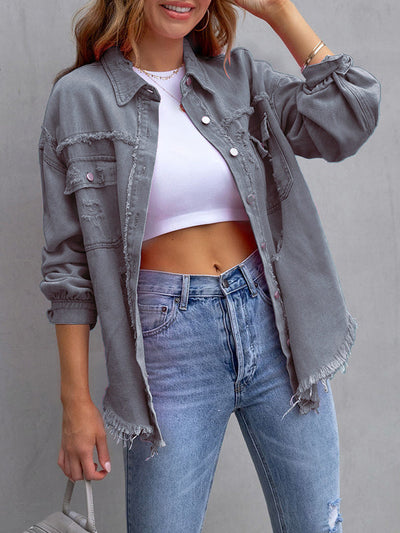 Long Sleeves Loose Fringed Pockets Lapel Outerwear