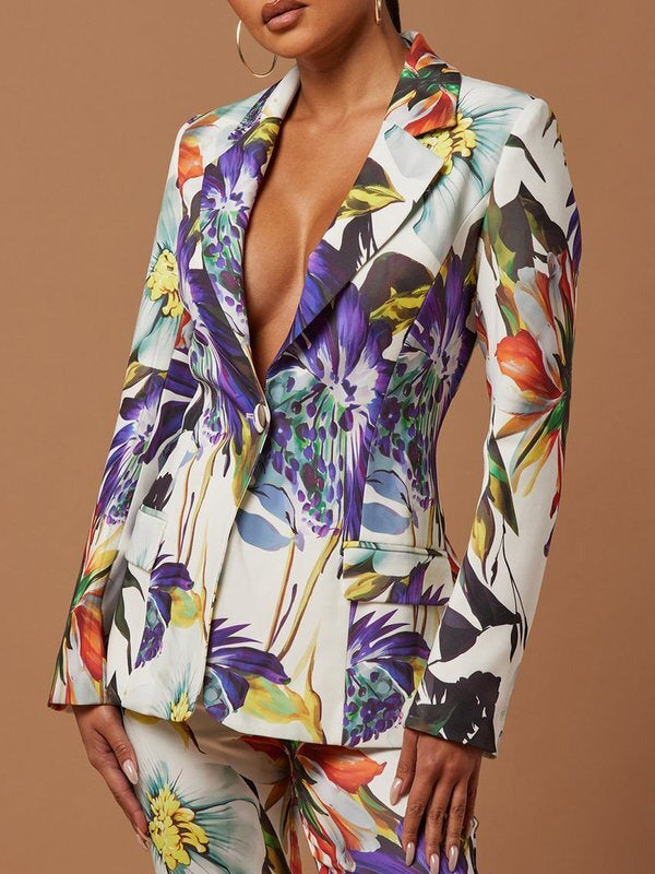 Long Sleeves Floral Printed Split-Joint Lapel Blazer Suit Outerwear