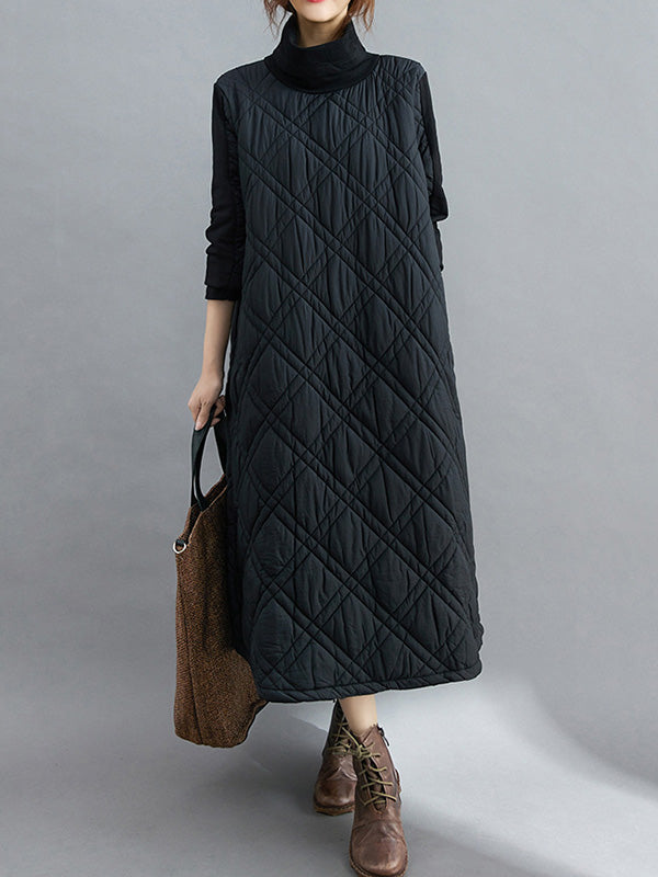 Simple Split-Joint High-Neck H-Line Quilted Midi Dress