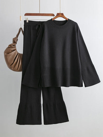 Casual Long Sleeves Loose Solid Color Round-Neck Sweater Tops & Wide Leg Pants Two Pieces Set