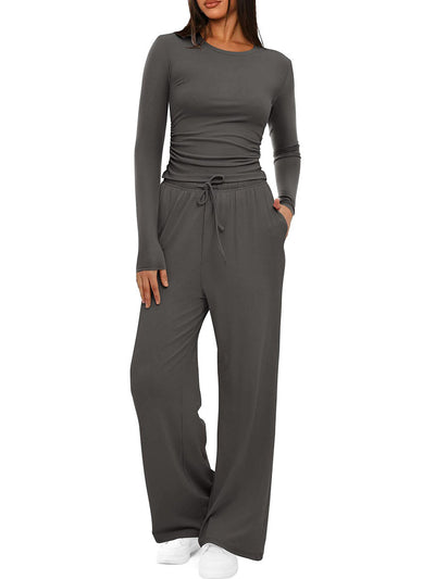 Solid Color Pleated Round-Neck T-Shirts Tops +  Elasticated Waist High Waisted Drawstring Pants Two Pieces Set