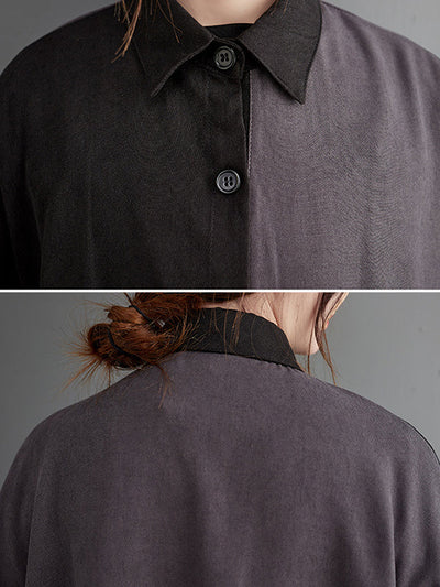 Casual Long Sleeves Loose Buttoned Contrast Color Split-Joint Lapel Collar Midi Dresses