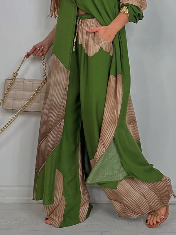 High Waisted Wide Leg Drawstring Elasticity Floral Printed Split-Joint Pants Trousers