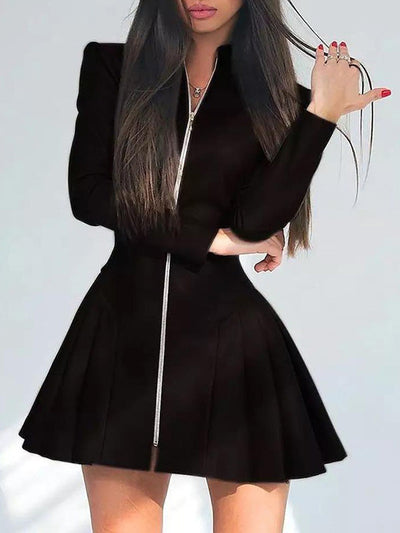 Long Sleeves Skinny Pleated Split-Joint Zipper Stand Collar Mini Dresses