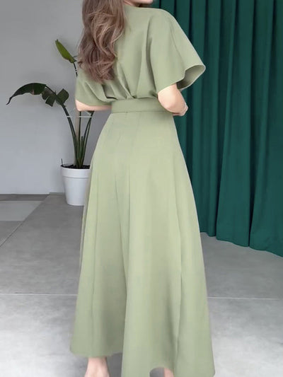 Loose Raglan Sleeve Pleated Split-Front Split-Joint Tied Waist Round-Neck Maxi Dresses
