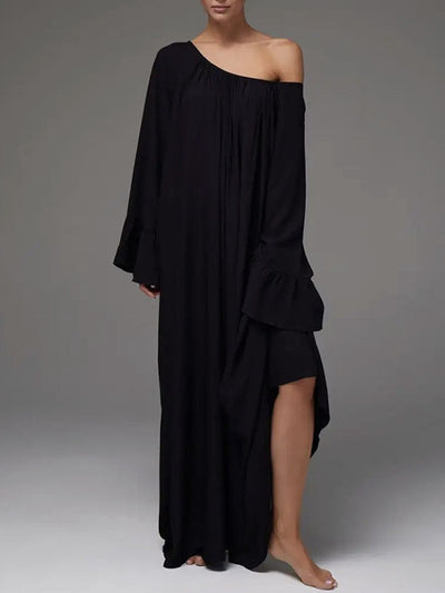 Flared Sleeves Loose Pleated Solid Color Split-Joint Round-Neck Maxi Dresses