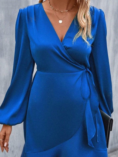 High Waisted High-Low Elasticity Pleated Solid Color Split-Joint Tied V-Neck Mini Dresses