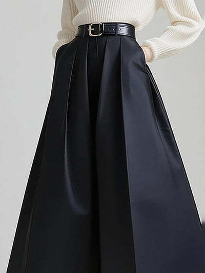 Loose Wide Leg No Belt Pleated Pockets Solid Color Flared Trousers Pants