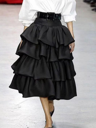 A-Line Loose Falbala Layered Solid Color Skirts Bottoms