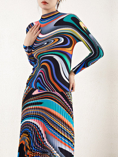 Long Sleeves Contrast Color Pleated Mock Neck T-Shirt Top + Printed A-Line Skirts Bottom Two Pieces Set