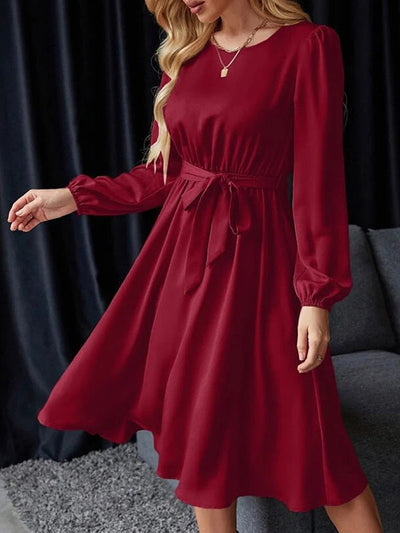 Loose Puff Sleeves Elasticity Pleated Solid Color Split-Joint Tied Waist Round-Neck Midi Dresses