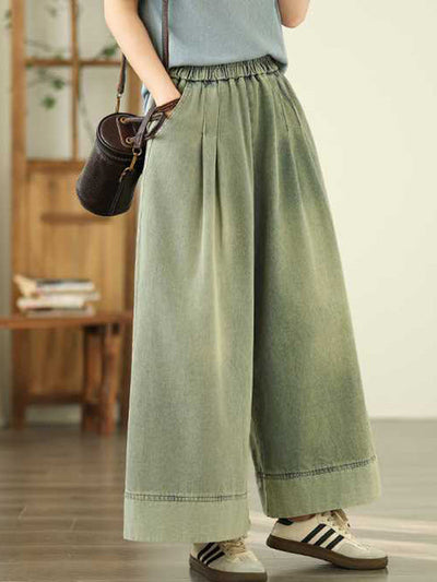 Loose Wide Leg Elasticity Pleated Pockets Jean Pants Bottoms Trousers
