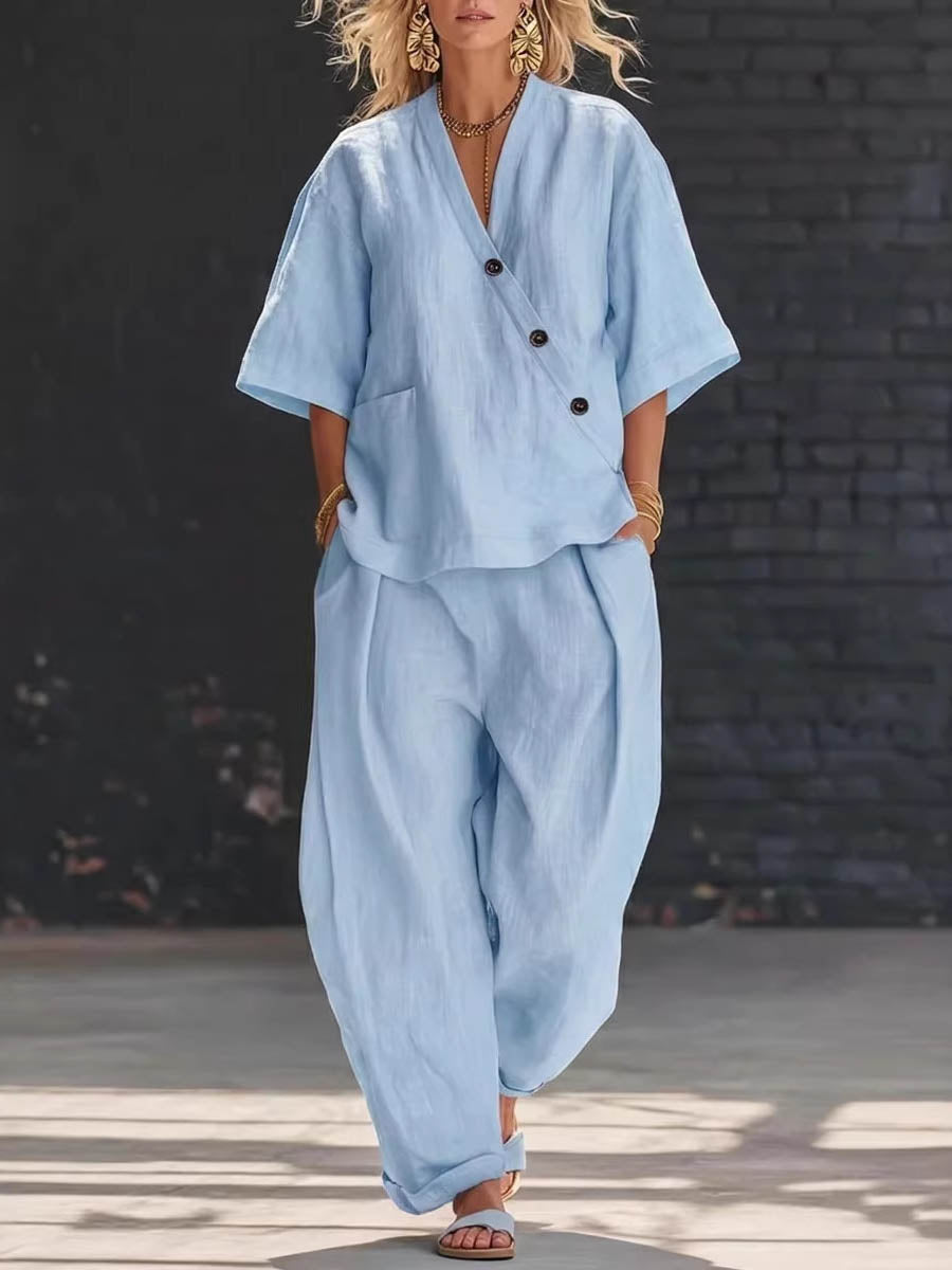 Loose Solid Color V-Neck Asymmetric Buttoned Blouses&Shirts Tops + High Waisted Pockets Pants Trousers Two Pieces Set