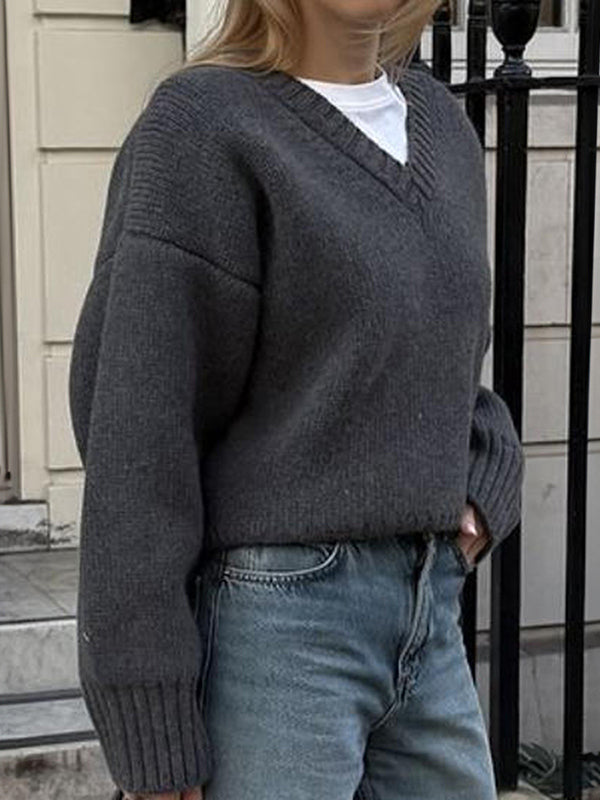 Long Sleeves Loose Ribs Solid Color V-Neck Sweater Tops