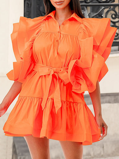 A-Line High Waisted Buttoned Pleated Ruffled Solid Color Tied Waist Lapel Mini Dresses