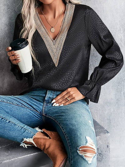 Long Sleeves Loose Elasticity Hollow Jacquard Leopard Split-Joint V-Neck Blouses&Shirts Tops