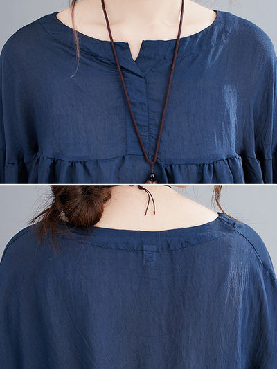 Half Sleeves Loose Pleated See-Through Solid Color Round-Neck Blouses&Shirts Tops