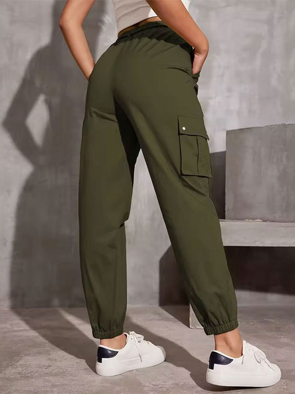 High Waisted Elasticity Pockets Solid Color Split-Joint Tied Waist Cargo Pants Trousers