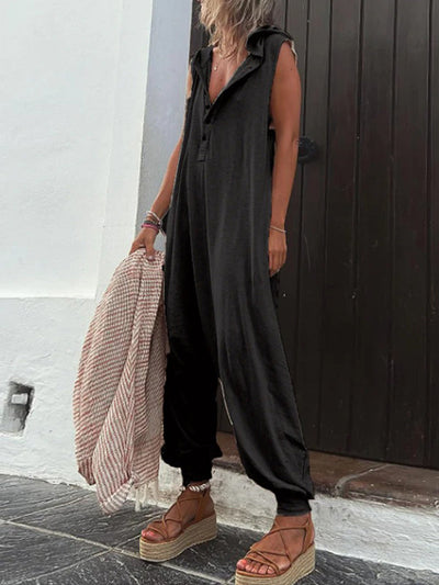 Hooded Loose Buttoned Solid Color V-neck Jumpsuits