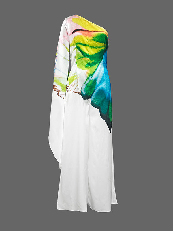 Long Sleeves Loose Flower Print Pleated Pockets One-shoulder Jumpsuits