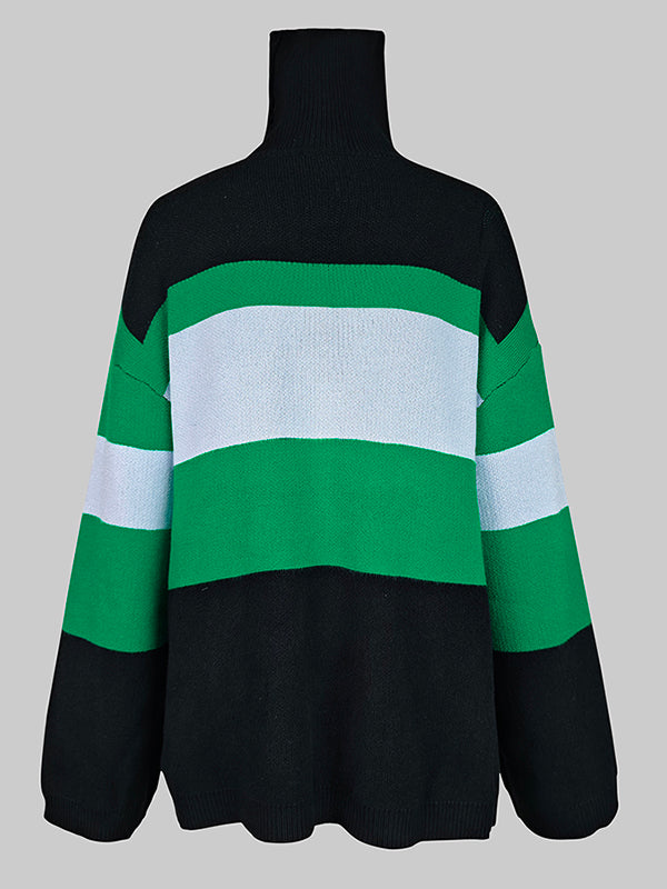 Flared Sleeves High-Low Contrast Color Split-Joint High Neck Pullovers Sweater Tops