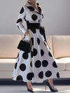 A-Line Long Sleeves Pockets Polka-Dot Tied Waist Notched Collar Maxi Dresses