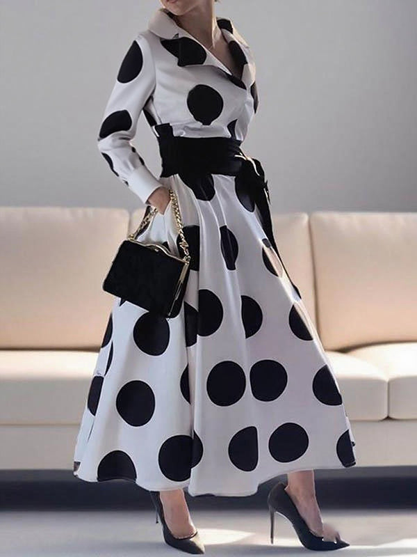 A-Line Long Sleeves Pockets Polka-Dot Tied Waist Notched Collar Maxi Dresses