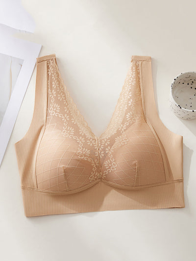 Women Artsy Pure Color Lace Satin Seamless Bra