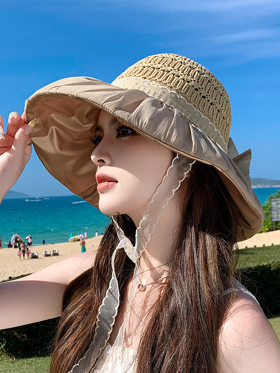 Women Summer Knitted Bowknot Spliced Sunproof Hat