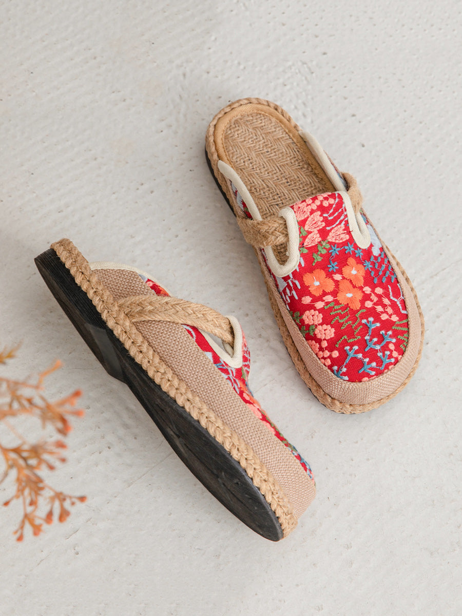 Women Summer Ethnic Flower Embroidery Cotton Slippers