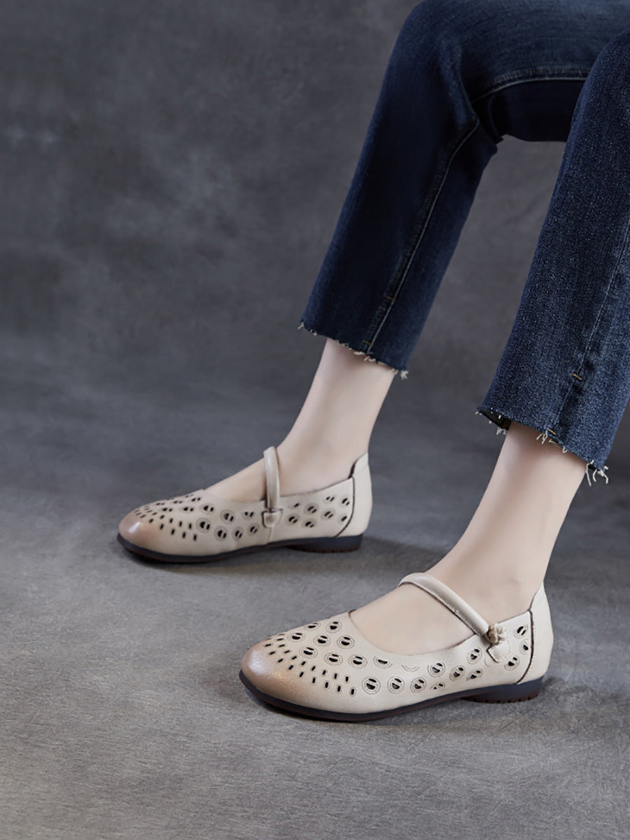 Women Summer Genuine Leather Hollow Out Low Heel Shoes