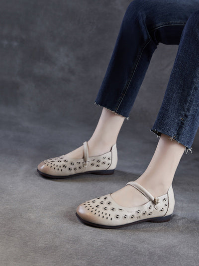 Women Summer Genuine Leather Hollow Out Low Heel Shoes