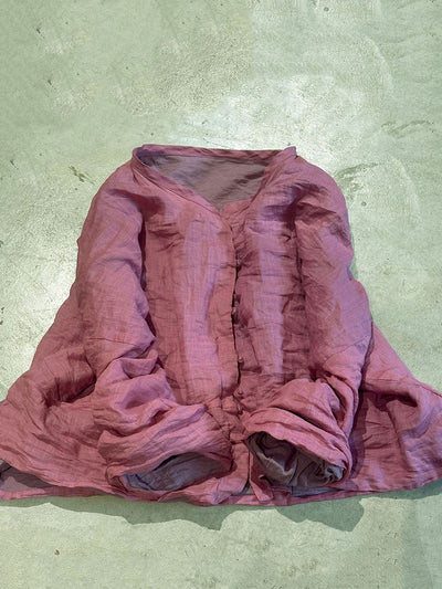 Women Vintage Solid Stand Collar Button Ramie Shirt