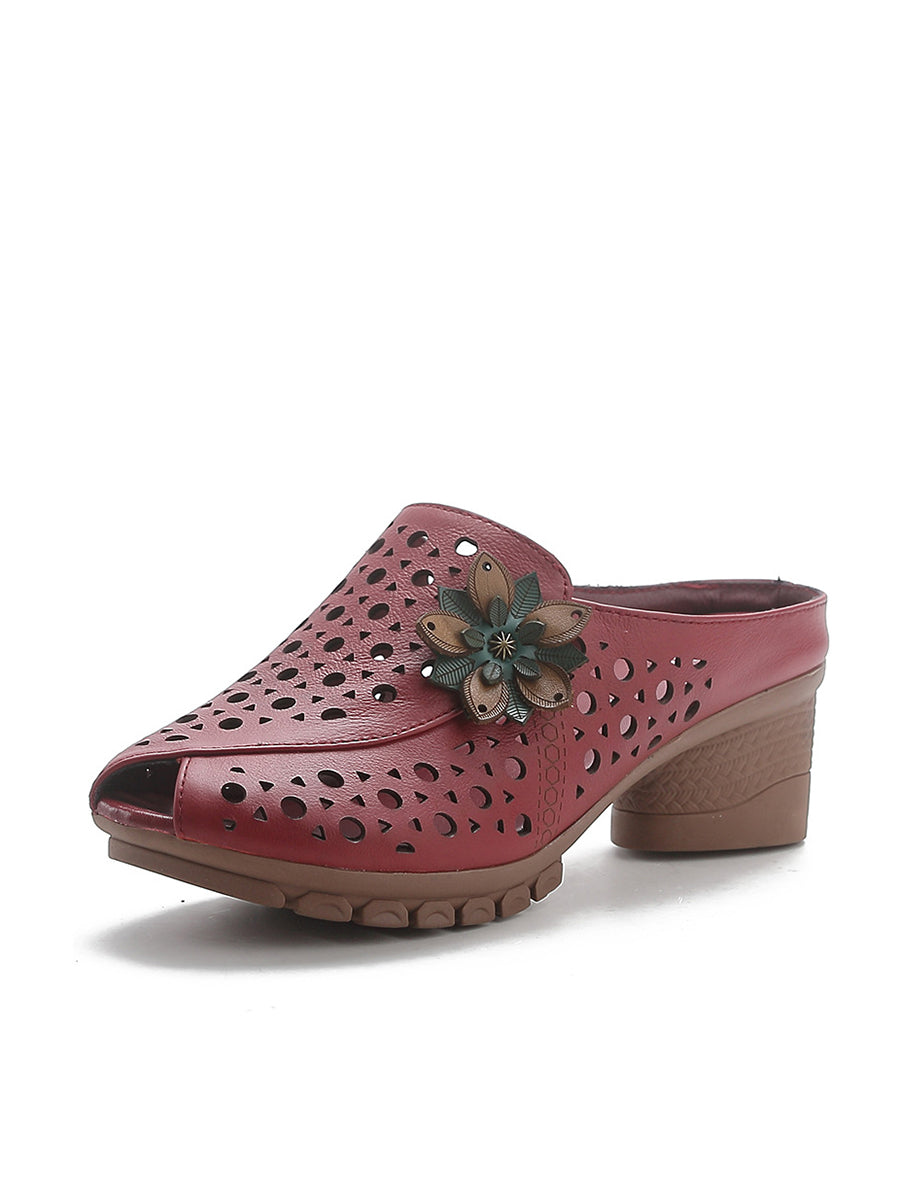 Women Summer Genuine Leather Flower Mid Heel Slippers