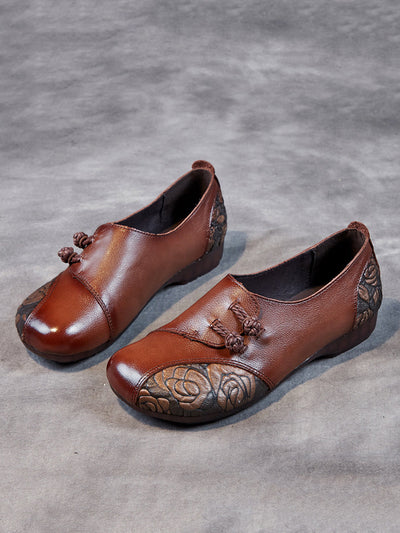 Women Spring Ethnic Flower Leather Spliced Flat Shoes