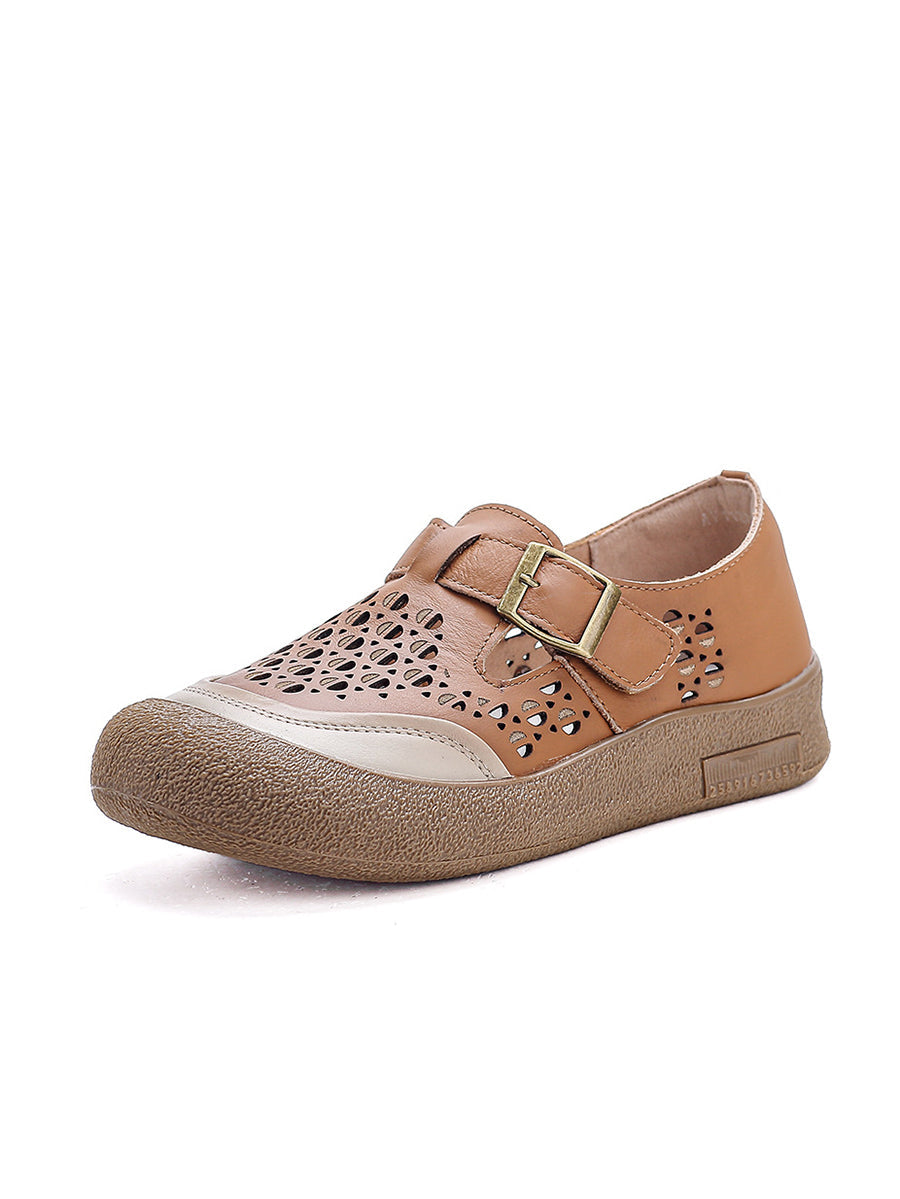 Women Summer Pure Color Leather Flat Shoes