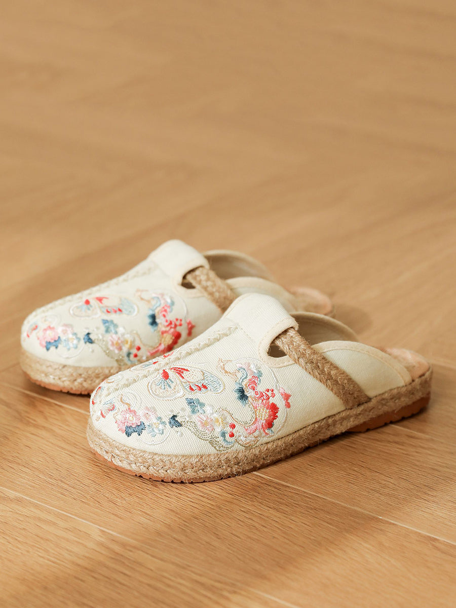 Women Ethnic Summer Butterfly Embroidery Linen Slippers