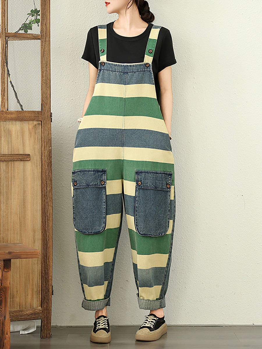 Women Summer Colorblock Stripe Denim Loose Jumpsuits