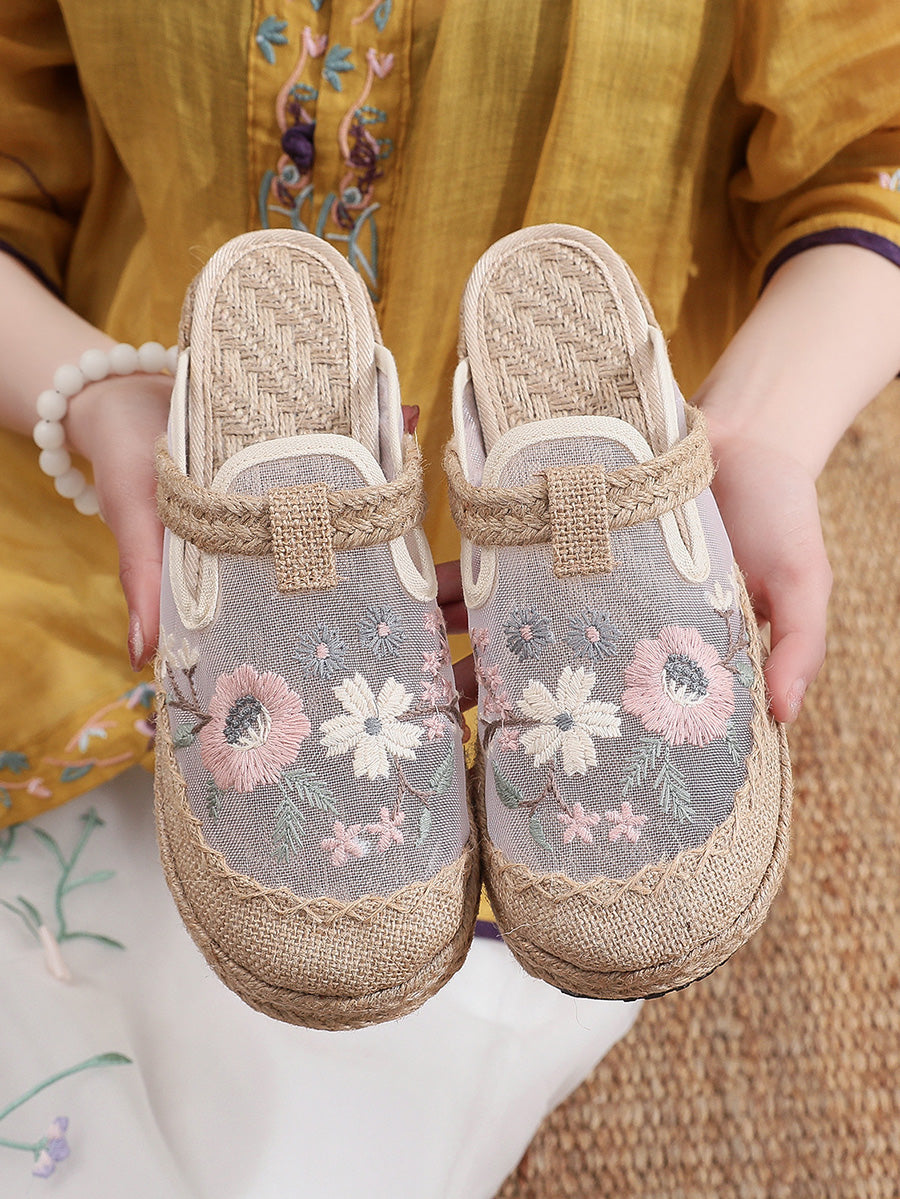 Women Summer Flower Embroidery Slippers