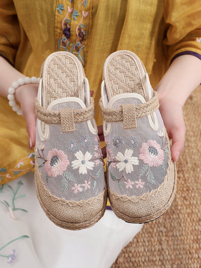 Women Summer Flower Embroidery Slippers