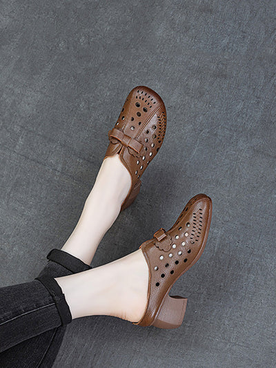 Women Summer Genuine Leather Hollow Out Mid Heel Slippers