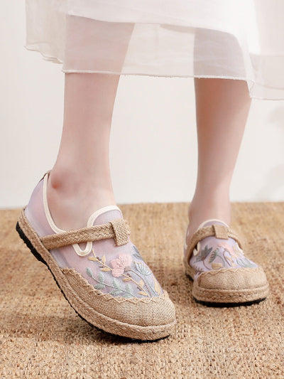 Women Ethnic Flower Embroidery Linen Shoes
