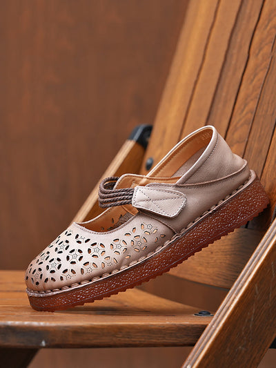 Women Rtro Genuine Leather Hollow Out Low Heel Shoes